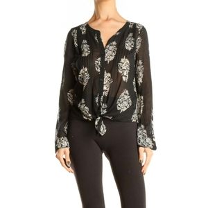 Lucky Brand Black & White Floral Print Chic Long-sleeve Blouse Shirt Top, Size S
